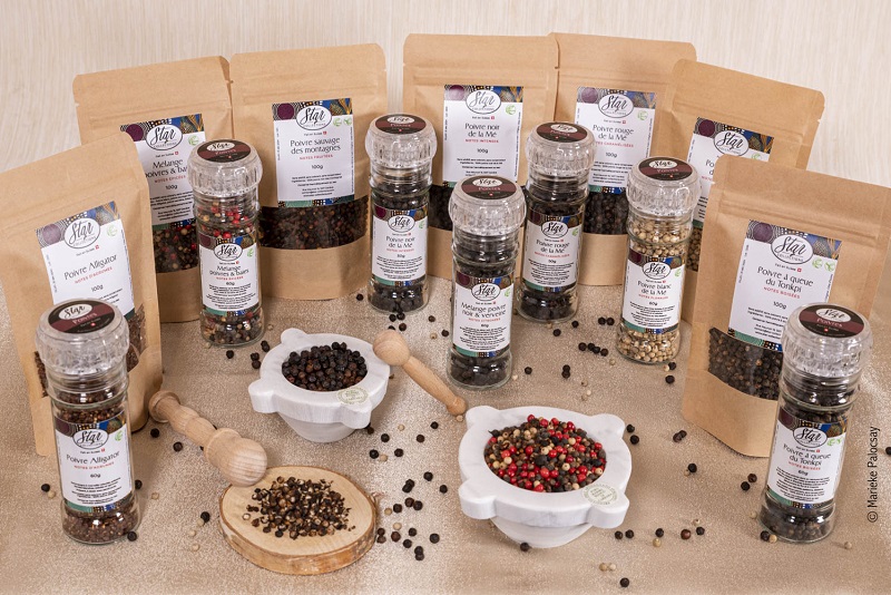 Gamme d’épices africaines STAR Collections composée de sachets kraft et moulins transparents, disposés avec des mortiers blancs et grains de poivre variés sur une surface beige.