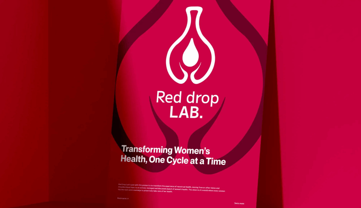 Affiche rouge de Red drop LAB avec son logo emblématique en forme de goutte stylisée, accompagnée du slogan
