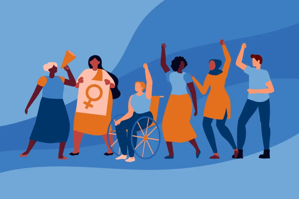 Illustration de personnes diverses, dont une en fauteuil roulant, levant le poing et manifestant ensemble pour l’égalité et les droits des femmes.