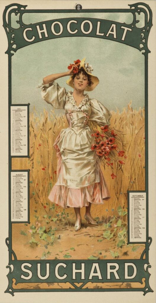 Affiche Suchard illustrant une femme vêtue d’une robe claire et d’un chapeau fleuri, posant dans un champ de blé avec un bouquet de coquelicots, encadrée par un motif Art nouveau et un calendrier.