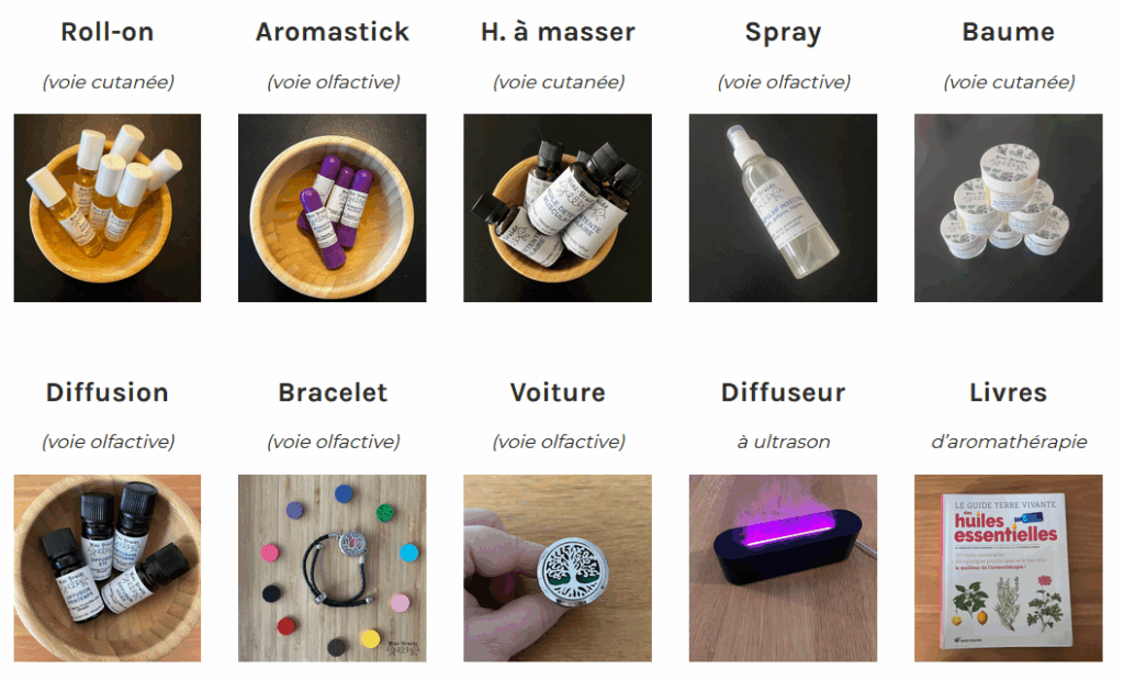 Présentation des produits Mini-Druide : roll-ons cutanés, aromasticks, huiles à masser, sprays, baumes, huiles de diffusion, bracelets aromatiques, diffuseurs voiture, diffuseur à ultrason et livres d’aromathérapie.