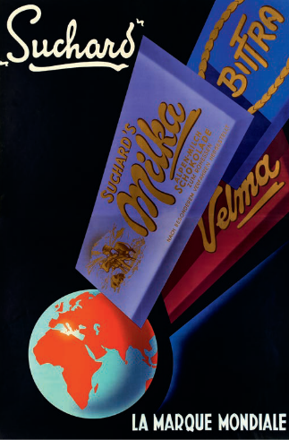 Affiche publicitaire représentant plusieurs emballages de chocolats Suchard – Milka, Bittra et Velma – semblant s’élever au-dessus d’un globe terrestre stylisé sur fond noir.