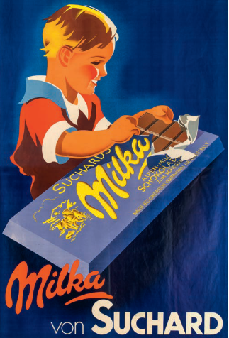 Affiche vintage montrant un jeune garçon ouvrant une grande tablette de chocolat Milka de la maison Suchard, sur fond bleu profond.