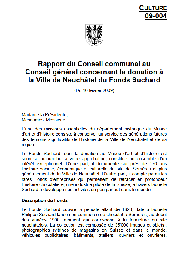 Page de couverture du rapport du Conseil communal de Neuchâtel (février 2009) concernant la donation du Fonds Suchard au Musée d’art et d’histoire, présentant le titre officiel, les armoiries de la ville et le début de la description du fonds.