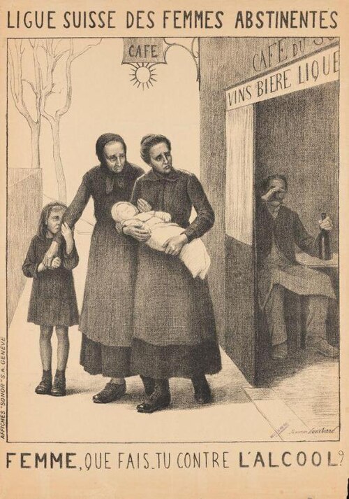 Affiche de la Ligue suisse des femmes abstinentes montrant une mère et une fille face à un café servant alcool, dénonçant les ravages de l’alcoolisme familial.