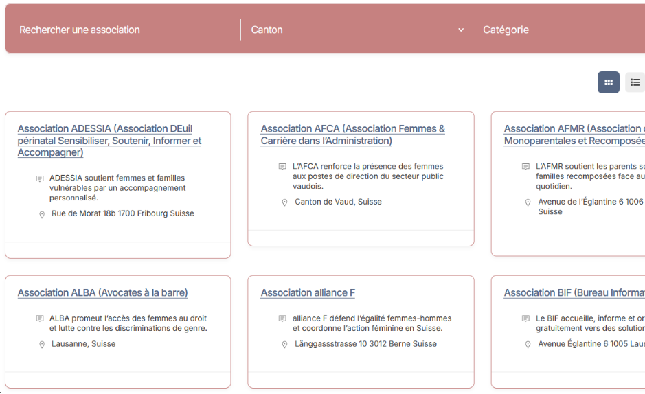 Interface de recherche d’associations pour les femmes en Suisse romande avec filtres par nom, canton et catégorie, affichant plusieurs fiches d’associations.