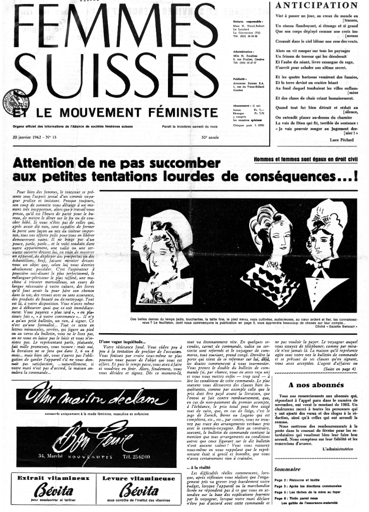Une page de couverture du magazine « Femmes Suisses – Le Mouvement Féministe » datée du 20 janvier 1962, avec un grand titre, un article sur les tentations féminines, des illustrations stylisées de femmes et diverses rubriques d’actualité.