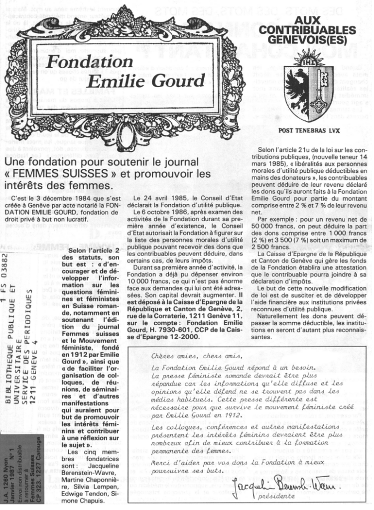 Page d’information de la Fondation Émilie Gourd présentant sa mission de soutien au journal « Femmes Suisses » et la promotion des intérêts des femmes, avec un encadré décoratif contenant le nom de la fondation, un blason genevois et un texte explicatif destiné aux donateurs.