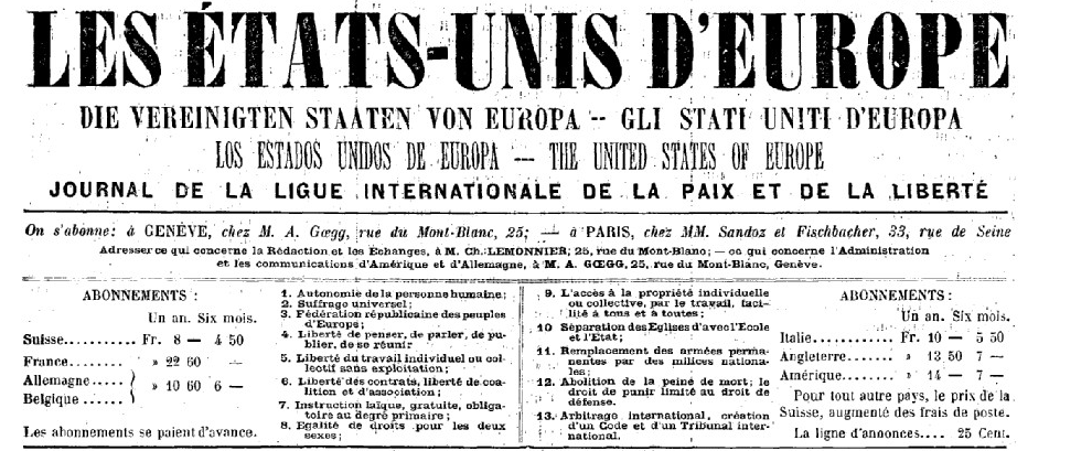 Une du journal Les États-Unis d’Europe