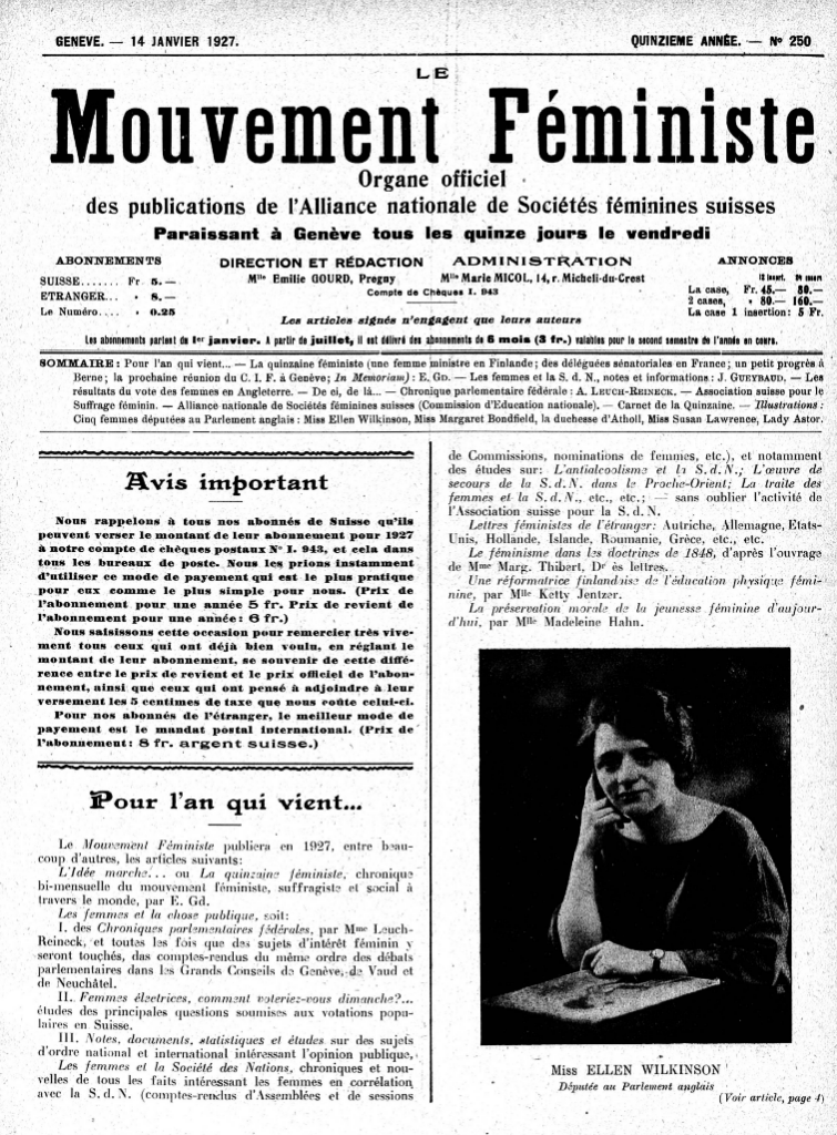 Une page du journal « Le Mouvement Féministe » datée du 14 janvier 1927, organe officiel de l’Alliance nationale des sociétés féminines suisses, avec le titre en grand et un portrait de la députée britannique Ellen Wilkinson en bas à droite.