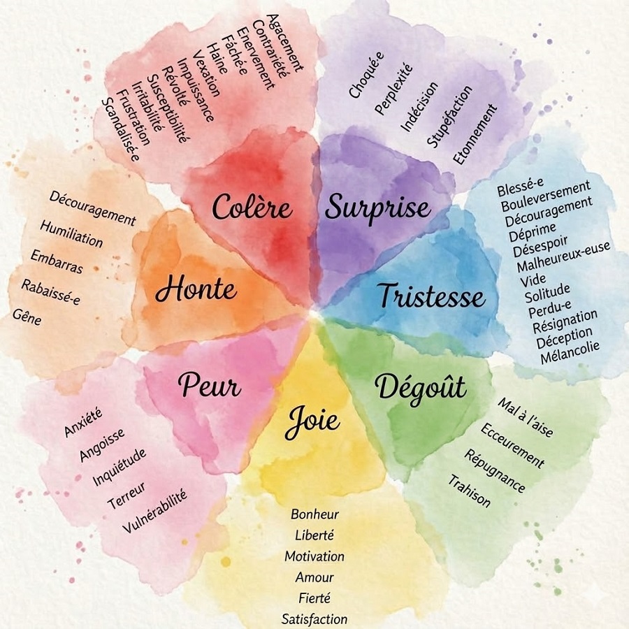 Roue des émotions illustrant les principales émotions humaines et leurs nuances pour aider à identifier ses ressentis.