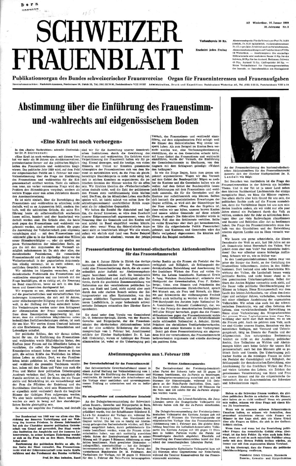 Page du journal Schweizer Frauenblatt consacrée au débat sur le droit de vote des femmes en Suisse, années 1950