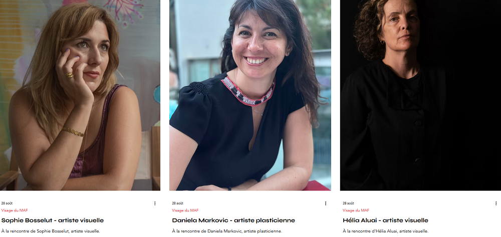 Trois artistes femmes, Visages du Musée Artistes Femmes : Sophie Bosselut, Daniela Markovic et Hélia Aluai, photographiées en portrait.