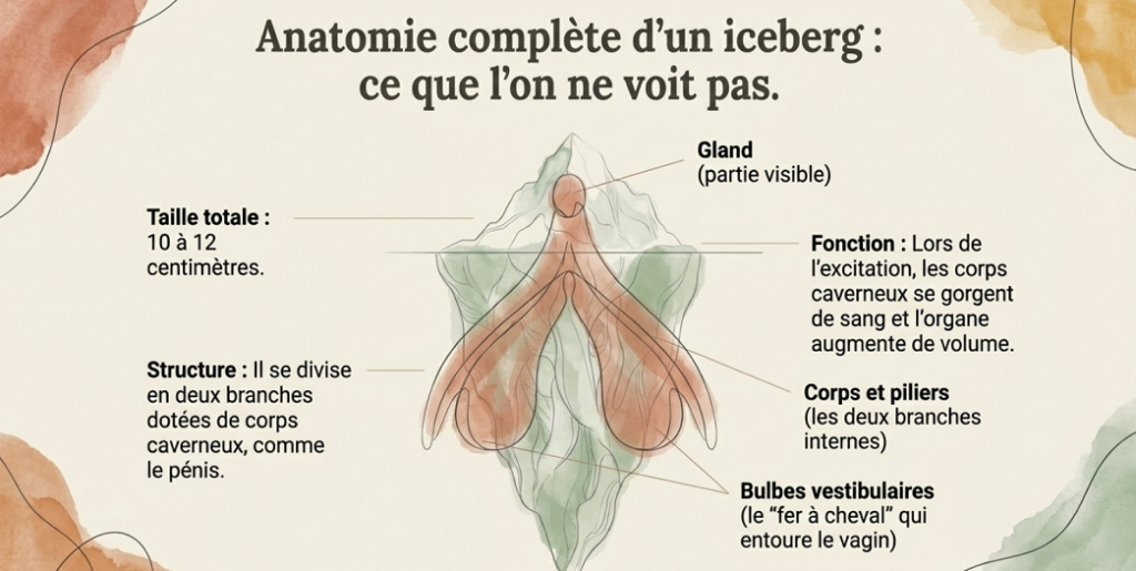 Schéma éducatif représentant l’anatomie complète du clitoris, comparée à un iceberg, avec la partie visible et les structures internes – corps, piliers et bulbes vestibulaires – impliquées dans l’excitation et l’augmentation de volume de l’organe.