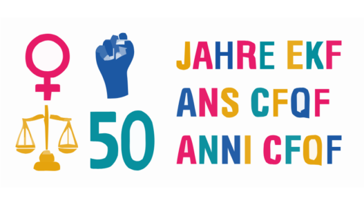 Illustration colorée célébrant les 50 ans de la Commission fédérale pour les questions féminines (CFQF), avec les symboles de l’égalité, de la justice et de l’engagement féministe en Suisse.