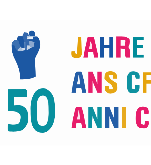 Illustration colorée célébrant les 50 ans de la Commission fédérale pour les questions féminines (CFQF), avec les symboles de l’égalité, de la justice et de l’engagement féministe en Suisse.