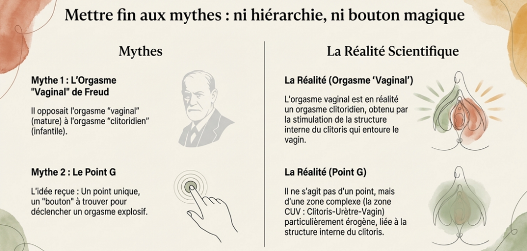 Infographie pédagogique comparant des mythes courants sur l’orgasme féminin, comme l’orgasme dit “vaginal” ou le point G, avec les connaissances scientifiques actuelles sur le rôle central du clitoris et de ses structures internes.