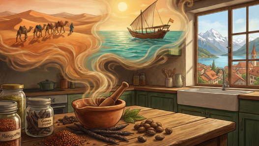 Illustration représentant l’histoire des épices africaines, entre routes caravanières, commerce maritime et transmission culinaire jusqu’en Suisse