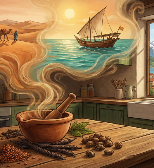 Illustration représentant l’histoire des épices africaines, entre routes caravanières, commerce maritime et transmission culinaire jusqu’en Suisse