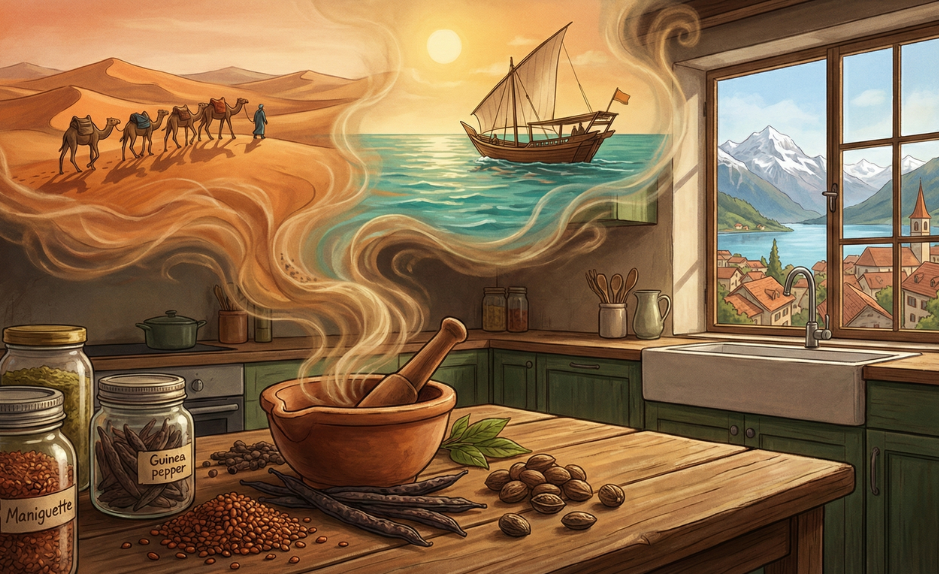Illustration représentant l’histoire des épices africaines, entre routes caravanières, commerce maritime et transmission culinaire jusqu’en Suisse