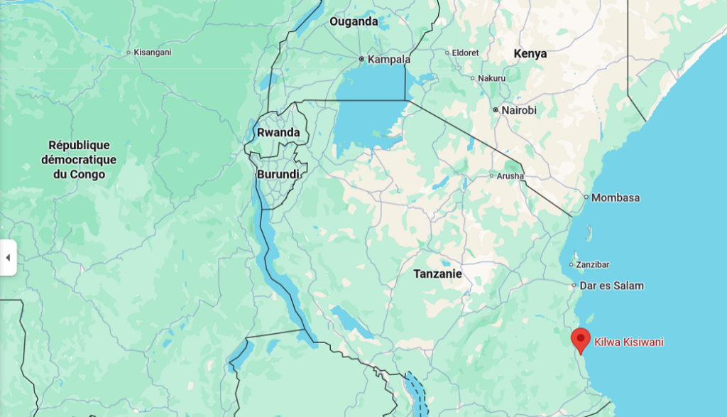 Carte de l’Afrique de l’Est situant Kilwa Kisiwani sur la côte de l’océan Indien en Tanzanie, avec les pays voisins (Kenya, Ouganda, Rwanda, Burundi, République démocratique du Congo) et les principales villes régionales.