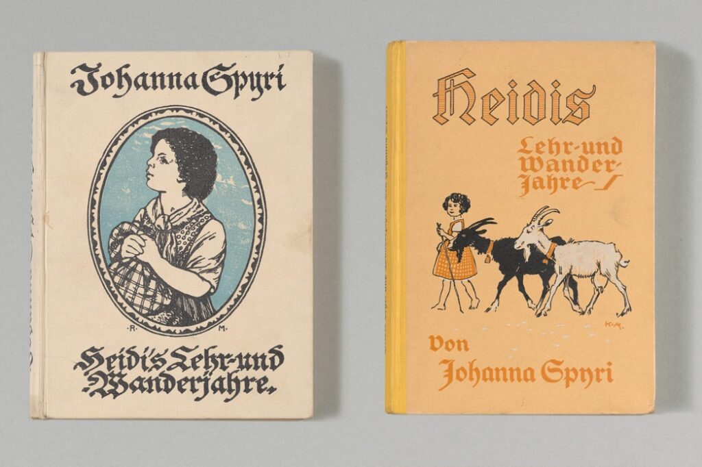 Deux couvertures anciennes de livres de Johanna Spyri : à gauche, Heidis Lehr- und Wanderjahre sur fond beige avec un médaillon illustrant une jeune fille de profil ; à droite, une édition orange de Heidis Lehr- und Wanderjahre montrant une fillette en robe guidant deux chèvres.