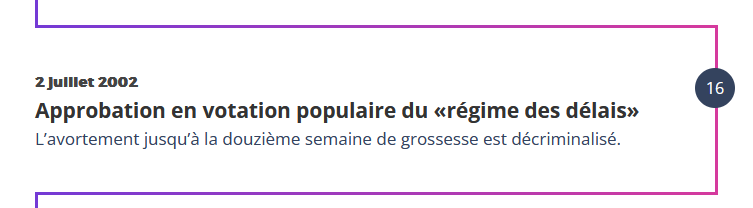 Capture d’écran d’une frise chronologique indiquant « 2 juillet 2002 – Approbation en votation populaire du régime des délais », avec la mention de la décriminalisation de l’avortement jusqu’à la douzième semaine de grossesse.