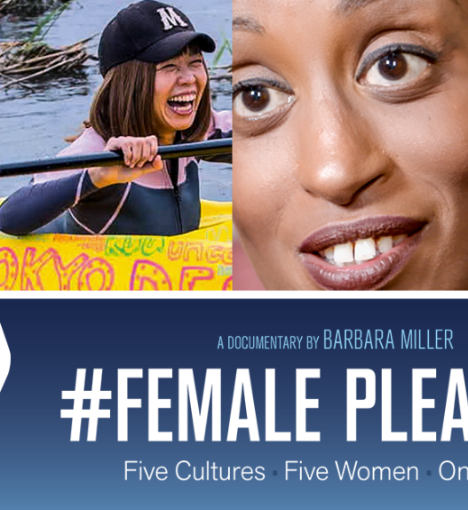 Affiche du documentaire #Female Pleasure de Barbara Miller montrant cinq femmes issues de cultures différentes et un poing levé symbolisant la lutte pour l’égalité du plaisir.