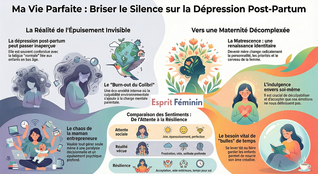 Infographie résumant les thèmes du livre "Ma vie parfaite de maman entrepreneure en dépression post-partum" de Camille Trolliet : dépression post-partum invisible, burn-out du colibri lié à l’éco-anxiété, chaos de la maman entrepreneure, matrescence, indulgence envers soi-même, besoin de bulles de temps et passage des attentes sociales à la résilience.