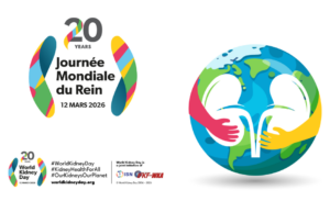 Visuel officiel de la Journée mondiale du rein 2026 célébrant les 20 ans de l’événement, avec la date du 12 mars 2026, des reins stylisés entourant le texte, et une illustration de la planète Terre tenue par deux mains colorées symbolisant la protection de la santé rénale à l’échelle mondiale.