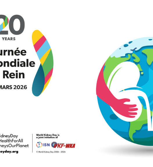 Visuel officiel de la Journée mondiale du rein 2026 célébrant les 20 ans de l’événement, avec la date du 12 mars 2026, des reins stylisés entourant le texte, et une illustration de la planète Terre tenue par deux mains colorées symbolisant la protection de la santé rénale à l’échelle mondiale.