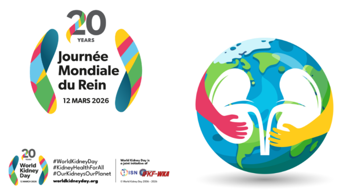 Visuel officiel de la Journée mondiale du rein 2026 célébrant les 20 ans de l’événement, avec la date du 12 mars 2026, des reins stylisés entourant le texte, et une illustration de la planète Terre tenue par deux mains colorées symbolisant la protection de la santé rénale à l’échelle mondiale.