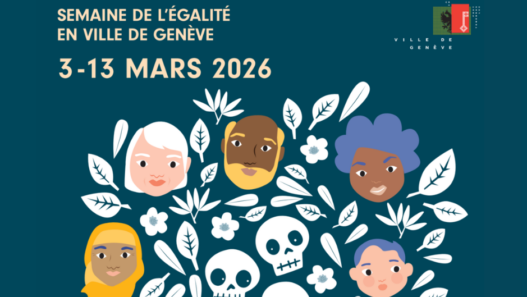 Affiche officielle de la Semaine de l’égalité en Ville de Genève du 3 au 13 mars 2026, avec illustrations de visages divers entourés de feuilles et symboles évoquant la vie et la mort.