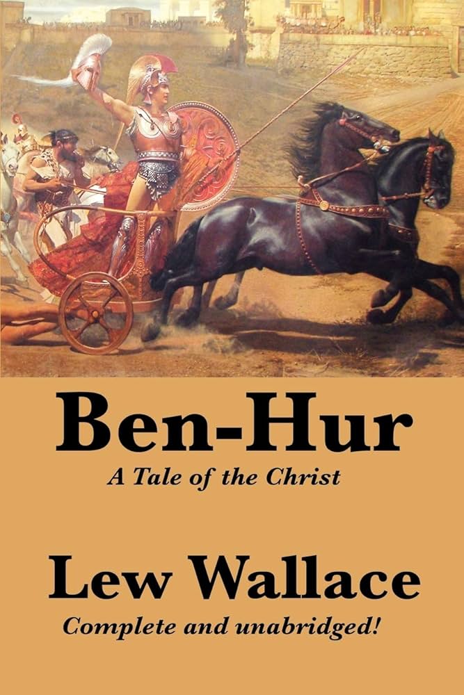 Couverture du livre “Ben-Hur: A Tale of the Christ” de Lew Wallace : illustration d’une course de chars avec un conducteur en armure, deux chevaux lancés au galop.