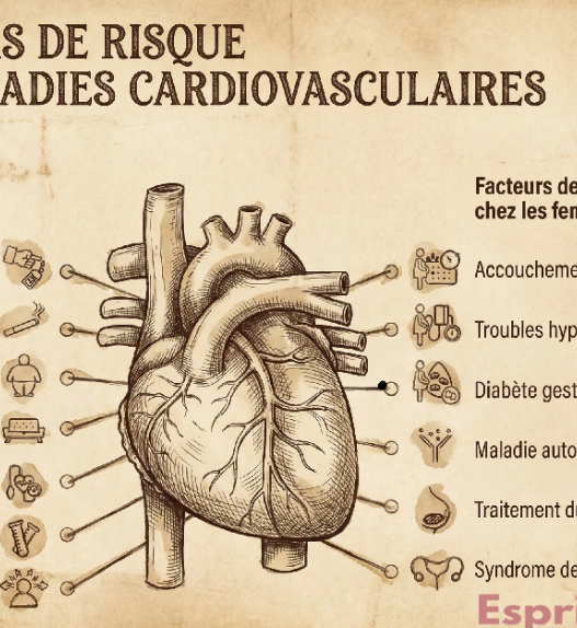 nfographie sur les facteurs de risque des maladies cardiovasculaires : risques traditionnels (diabète, tabagisme, obésité, sédentarité, hypertension, dyslipidémie, stress) et facteurs émergents chez les femmes (accouchement prématuré, troubles hypertensifs de la grossesse, diabète gestationnel, maladie auto-immune, traitement du cancer du sein, SOPK).