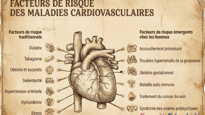 nfographie sur les facteurs de risque des maladies cardiovasculaires : risques traditionnels (diabète, tabagisme, obésité, sédentarité, hypertension, dyslipidémie, stress) et facteurs émergents chez les femmes (accouchement prématuré, troubles hypertensifs de la grossesse, diabète gestationnel, maladie auto-immune, traitement du cancer du sein, SOPK).