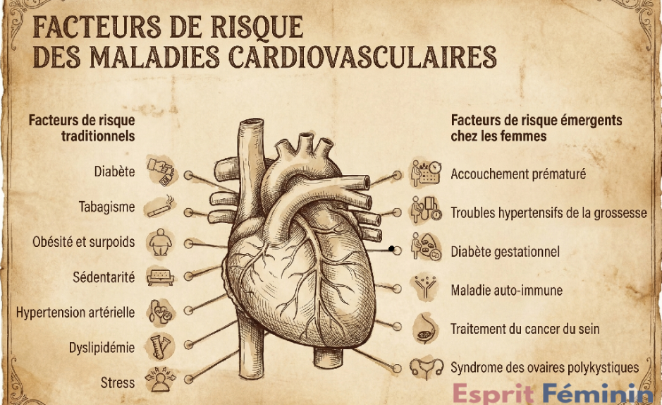 nfographie sur les facteurs de risque des maladies cardiovasculaires : risques traditionnels (diabète, tabagisme, obésité, sédentarité, hypertension, dyslipidémie, stress) et facteurs émergents chez les femmes (accouchement prématuré, troubles hypertensifs de la grossesse, diabète gestationnel, maladie auto-immune, traitement du cancer du sein, SOPK).