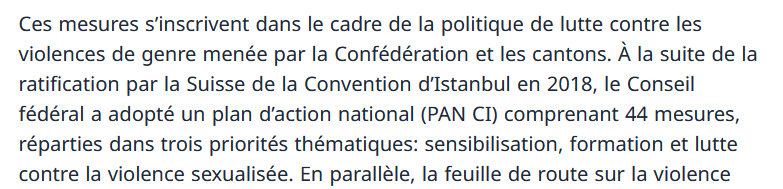 Extrait d’une page publiée sur cadastre.ch indiquant que la Suisse aurait ratifié la Convention d’Istanbul en 2018, en lien avec l’adoption d’un plan d’action national.