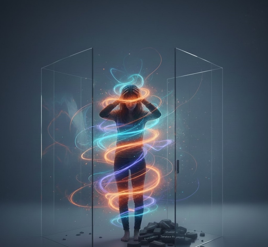 Illustration symbolique représentant une personne entourée de flux lumineux, évoquant une surcharge émotionnelle et une activation intense du système nerveux.