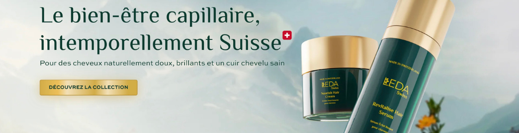 Bannière publicitaire de soins capillaires en français avec le titre Le bien-être capillaire, intemporellement Suisse, un bouton doré DÉCOUVREZ LA COLLECTION, et deux produits KEDA Swiss vert et or sur un fond doux de montagnes.