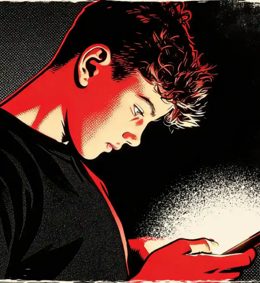Adolescent regardant son smartphone, éclairé par l’écran, illustrant l’influence des contenus masculinistes et de la manosphère sur les jeunes