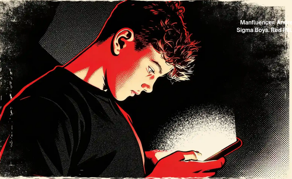Adolescent regardant son smartphone, éclairé par l’écran, illustrant l’influence des contenus masculinistes et de la manosphère sur les jeunes
