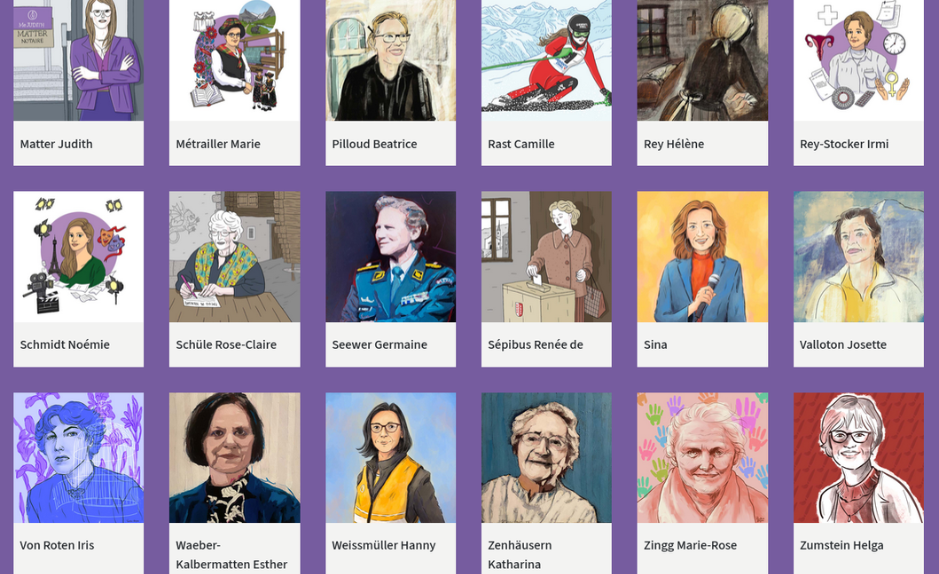 Montage de portraits illustrés de femmes valaisannes remarquables publiés à l’occasion des 30 ans de la loi sur l’égalité en Valais.