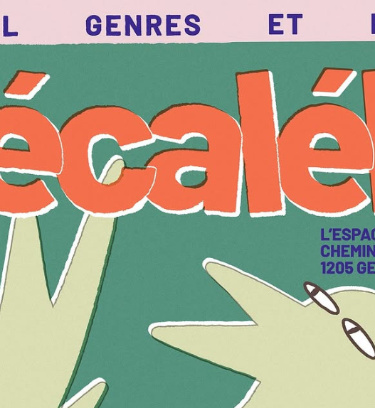 Affiche du festival décaléE 2026, consacré aux genres et aux médias, avec le titre de l’événement et le lieu L’ESPACE à Genève.