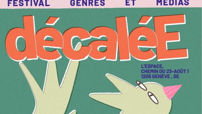 Affiche du festival décaléE 2026, consacré aux genres et aux médias, avec le titre de l’événement et le lieu L’ESPACE à Genève.