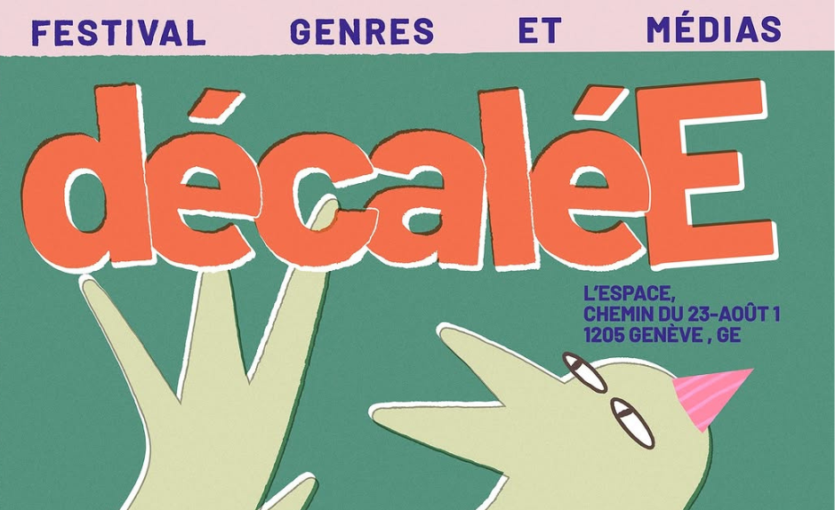 Affiche du festival décaléE 2026, consacré aux genres et aux médias, avec le titre de l’événement et le lieu L’ESPACE à Genève.