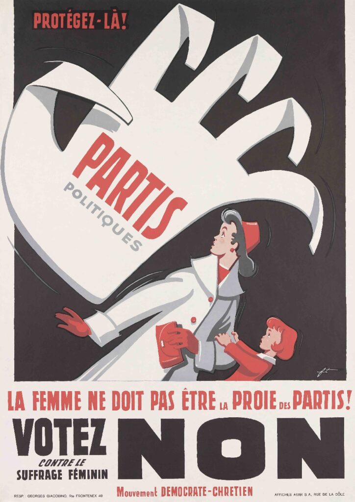 Affiche suisse opposée au suffrage féminin montrant une femme et un enfant menacés par une main représentant les partis politiques.