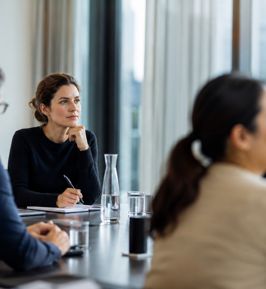 Femme professionnelle silencieuse en réunion multilingue en Suisse romande, cherchant ses mots avant de prendre la parole en anglais