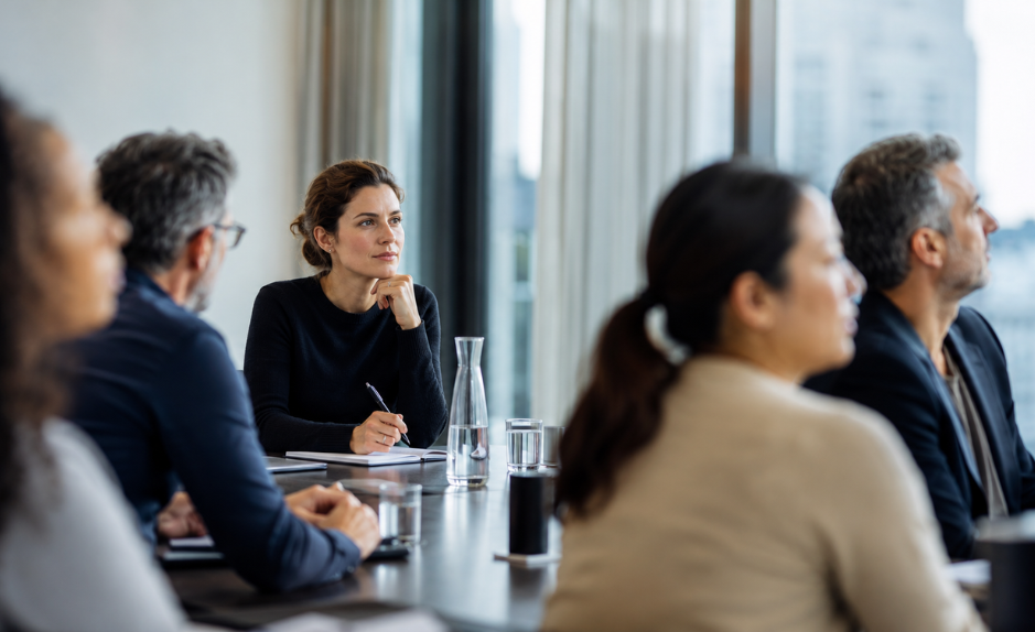 Femme professionnelle silencieuse en réunion multilingue en Suisse romande, cherchant ses mots avant de prendre la parole en anglais