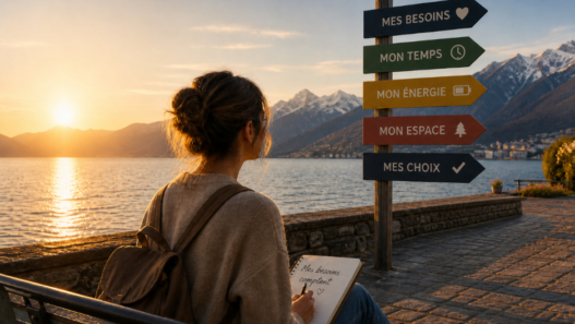 Femme face à un lac et des montagnes, écrivant dans un carnet près de panneaux indiquant ses besoins, son temps, son énergie, son espace et ses choix.